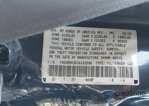 2007 Honda Accord 2.4 Se from USA, damaged, VIN 1HGCM563X7A162594